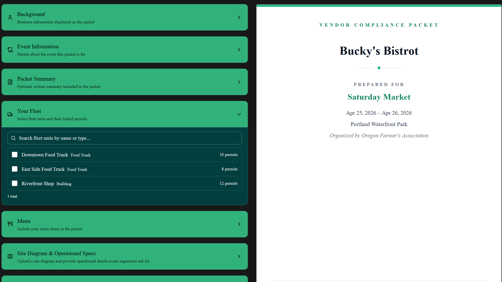 Event packet builder generating a vendor compliance PDF