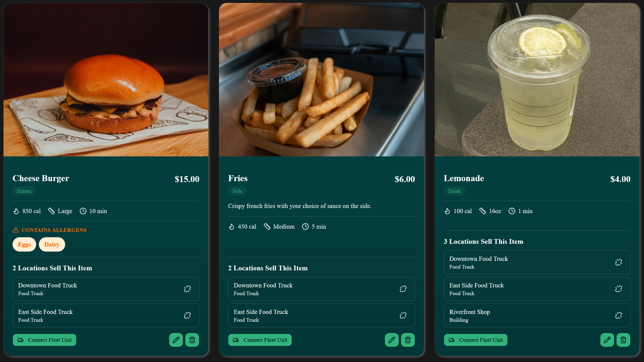 Menu items with price, photos, allergens, and selling locations